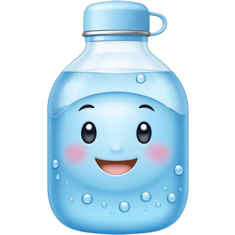 Cute Kawaii Water Bottle, round and bubbly, soft blue with tiny water droplets around, a happy smiling face, gentle glowing highlights, fresh and refreshing vibes! emoji