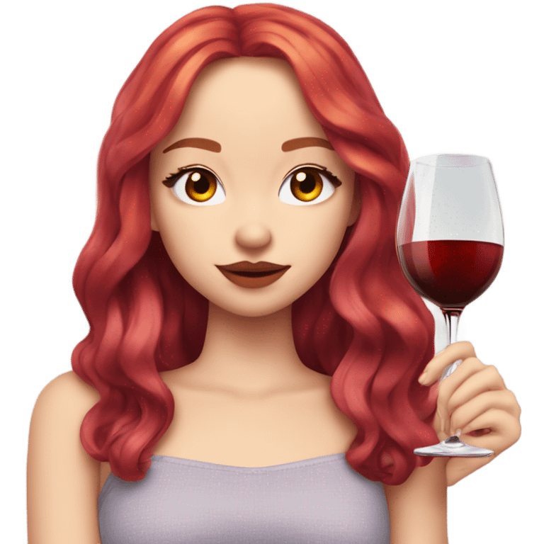 Dove Cameron with fire red hair a stressed face  and a glass of wine. emoji