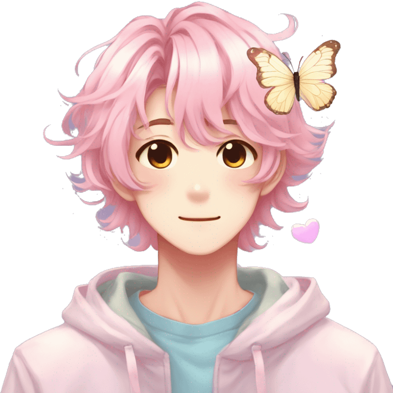 Gorgeous colorful shiny pastel anime style shojo man with blushing face and butterflies aesthetic and pretty hair trending style emoji