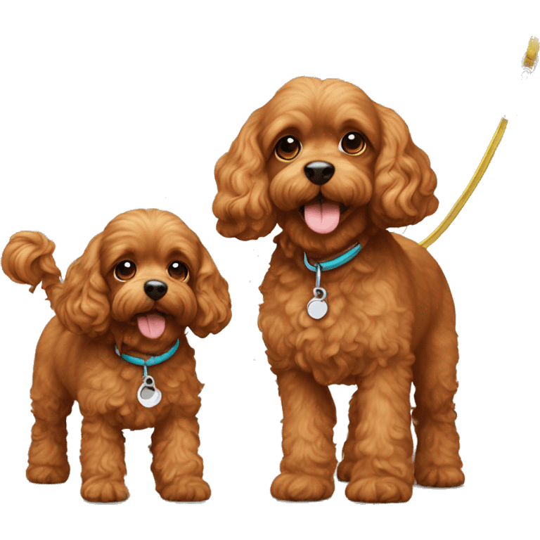 Two cute brown cavapoos walking on leash emoji