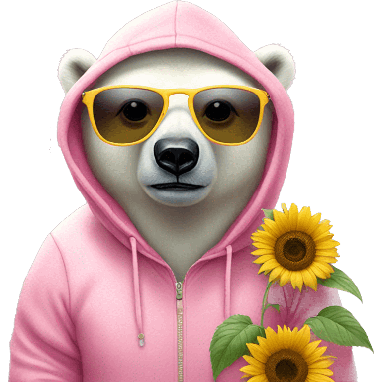 Polar bear wearing pink polcadot hoodie and sunglasses and eating sunflower emoji