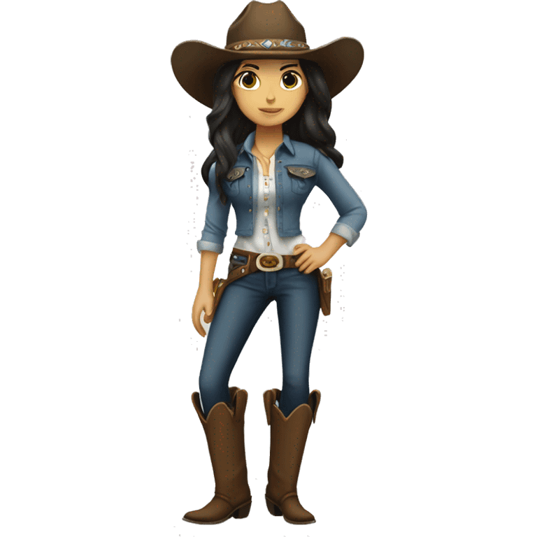 Cowgirl, full body, long dark hair, white skin, big head emoji