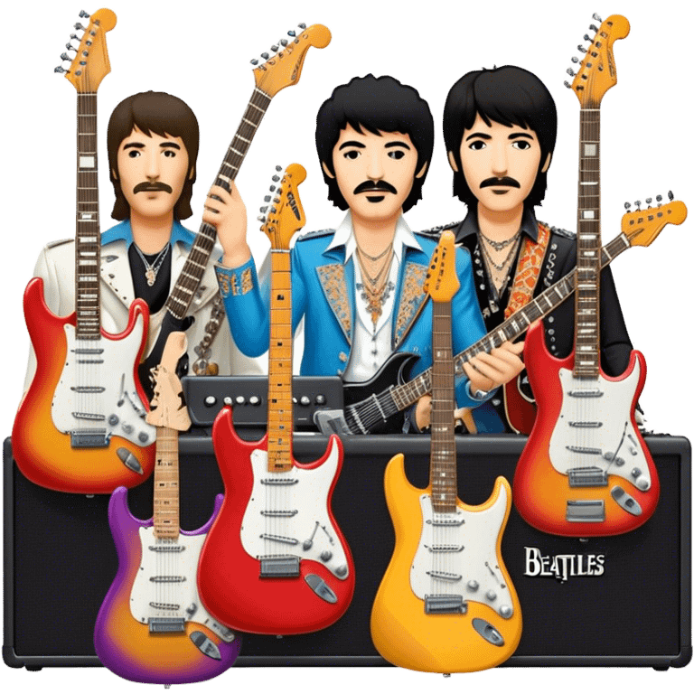 Rock music icon: collage of legendary rock stars—The Beatles, Jimi Hendrix, Elvis Presley, Queen, Nirvana, Led Zeppelin. Electric guitars, amplifiers, and microphones surrounded by vibrant stage lights and musical notes. Transparent background. emoji