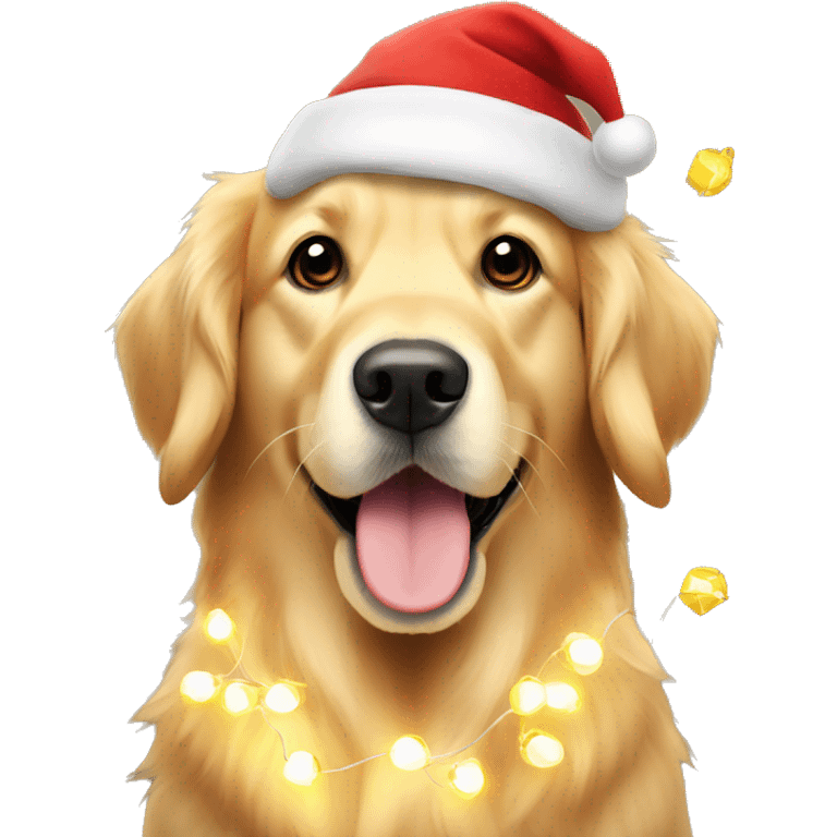 Golden retriever with Christmas lights and hat emoji