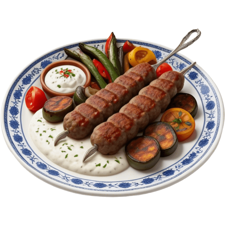 Cinematic Realistic image of a long, hand shaped Turkish Köfte, rendered with richly spiced meat textures and subtle grill marks, artfully arranged on a traditional Turkish ceramic plate alongside classic sides such as a serving of aromatic pilaf, crisp grilled vegetables, and a dollop of creamy yogurt, all bathed in warm, appetizing lighting that emphasizes its savory allure. emoji