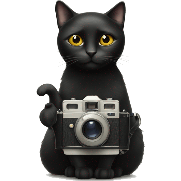 a single black cat holding a vintage film camera emoji