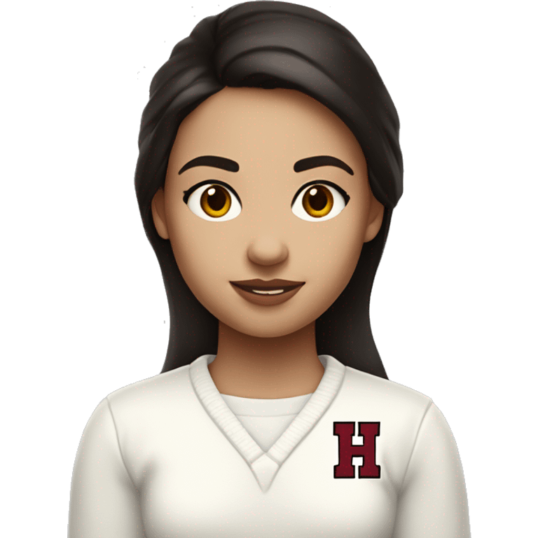 Girl with dark brown hair and white skin wearing a white sweater with the black crimson and white Harvard University logo on it  emoji