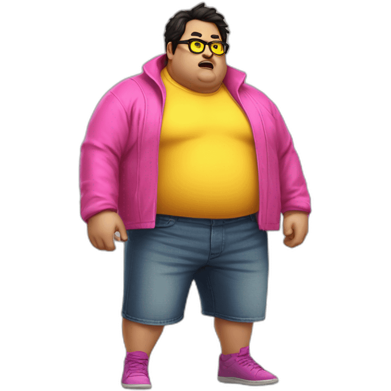 fat man with dark hair,a vibrant long yellow coat, pink glasses, short jeans shorts. Show full lenght peson, person fighting as superhero emoji