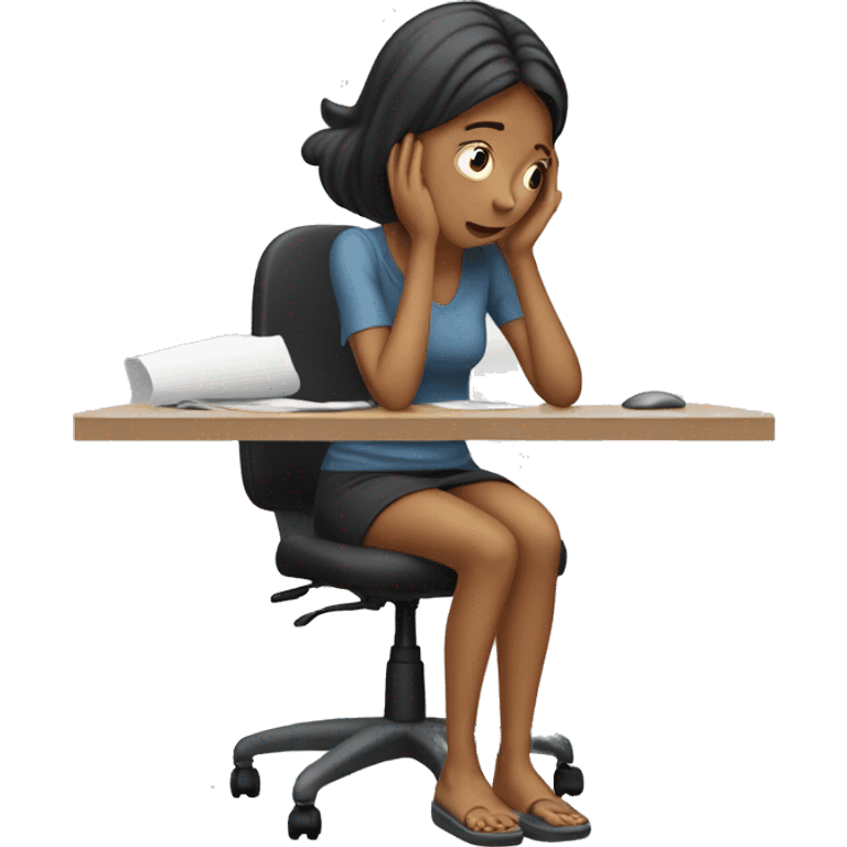 full body girl sitting at her desk with her hands on her head, she is visibly stressed. emoji