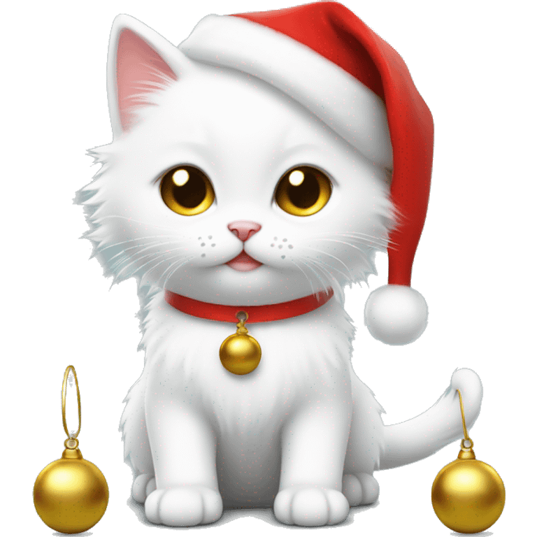 cute fluffy white kitten with a gold bell and a cute red santa hat emoji