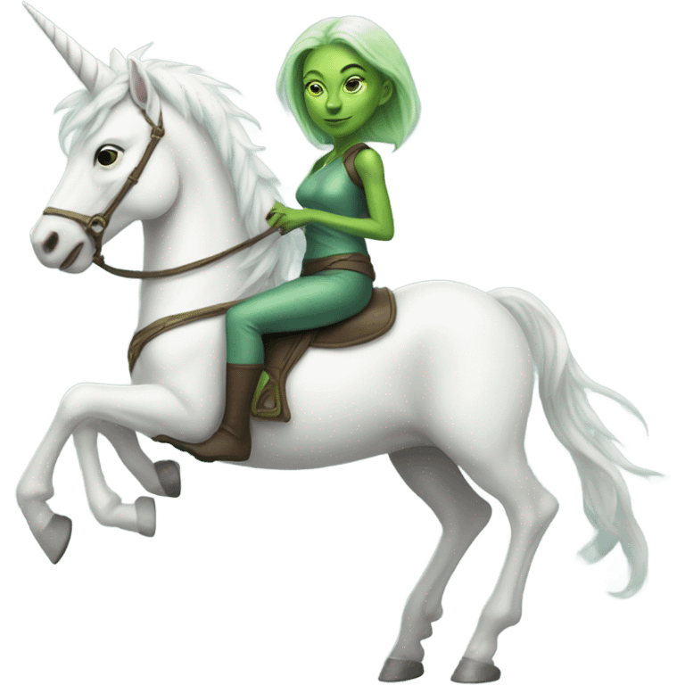 a green amazon alien woman on a white unicorn emoji