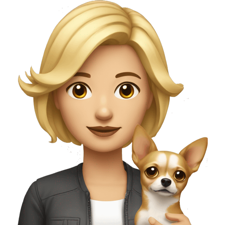 mujer con pelo muy corto rubio y su perro Chihuahua emoji