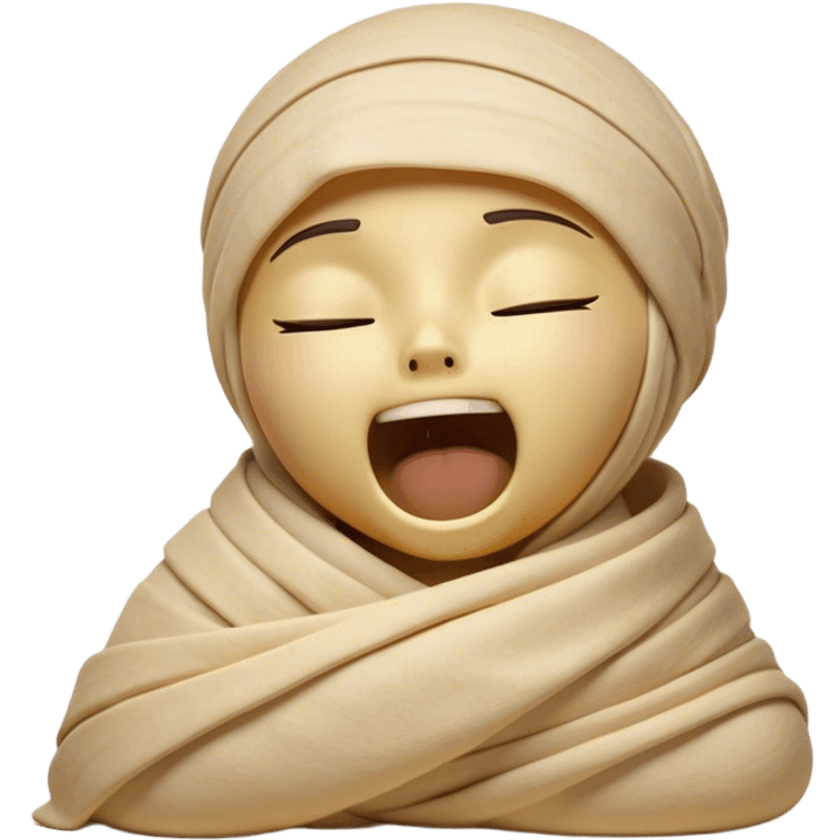 Cinematic Cute Yawning Mummy Portrait Emoji, with a snug, slightly askew bandaged form in warm, faded tones with gentle golden accents, head tilted back in a big, sleepy yawn revealing cute hints of ancient charm, simplified yet adorably detailed, glowing with a soft, nostalgic radiance and a gentle outline that captures a mummy’s tender need for rest! emoji