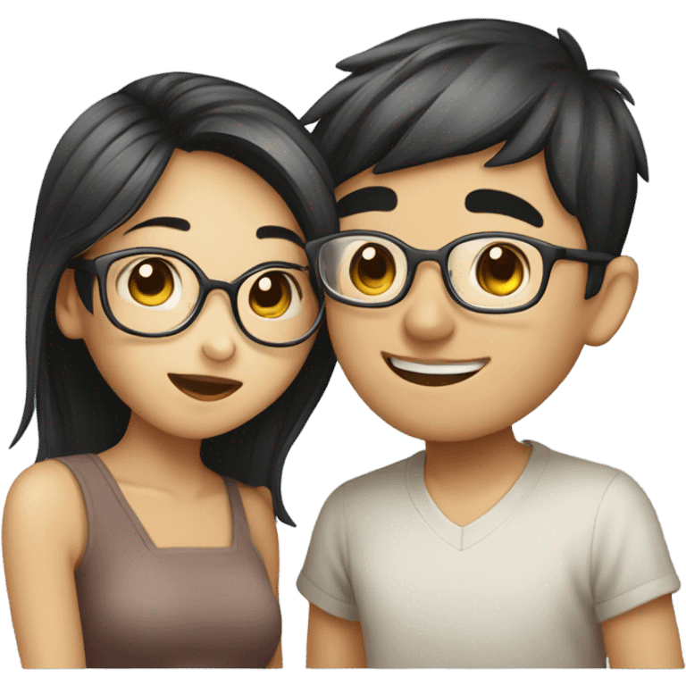 Pretty Asian girl kissing Asian boy with glasses on cheek emoji