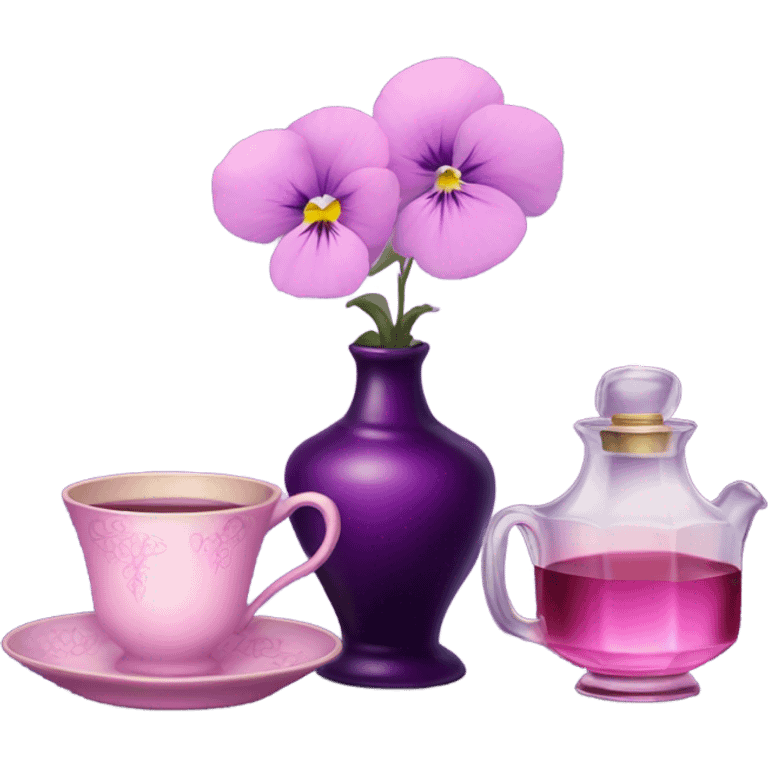 A cozy aesthetic: a dark purple candle in a glass jar, pink pansies, a violet vintage perfume bottle, and a pink cup of steaming tea. emoji