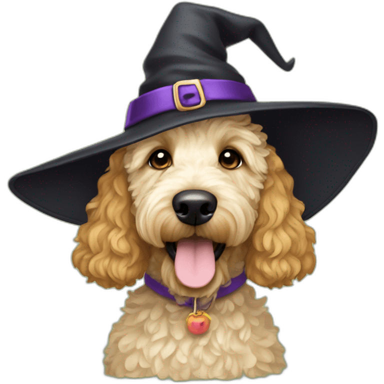 Short haired wavy blonde golden doodle with a witch hat on emoji