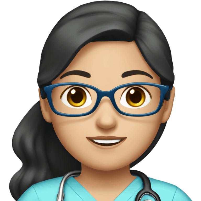 Best friend nurses in blue scrubs one girl has glasses with black hair in a pony tail and the other girl has dark brown hair emoji