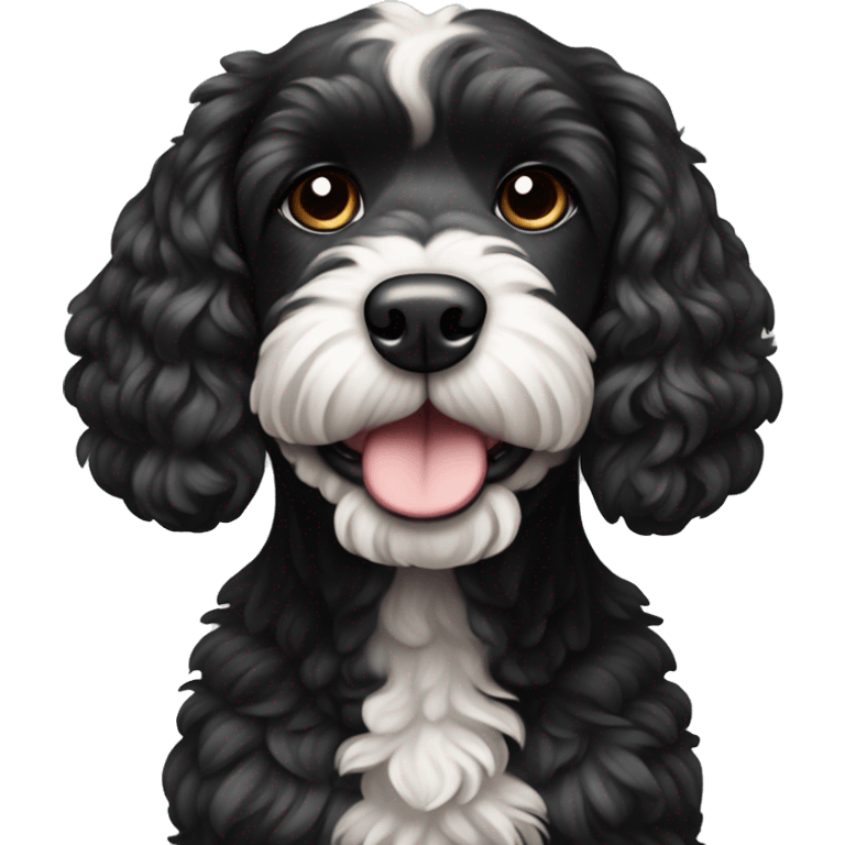 Black cockapoo dog with a white big stripe from the chin to the belly emoji