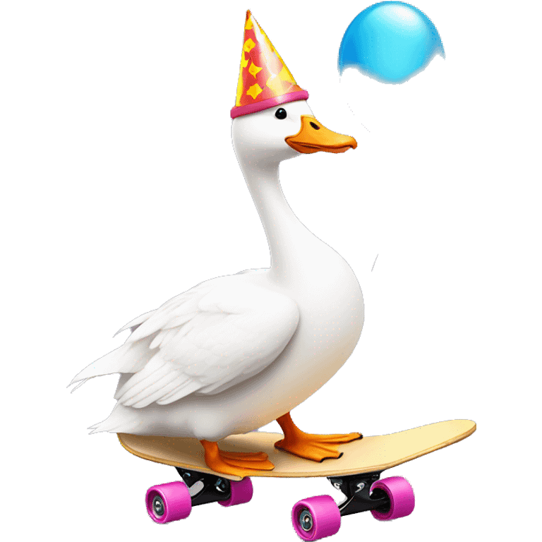 White goose wearing birthday party hat riding skateboard with balloon emoji