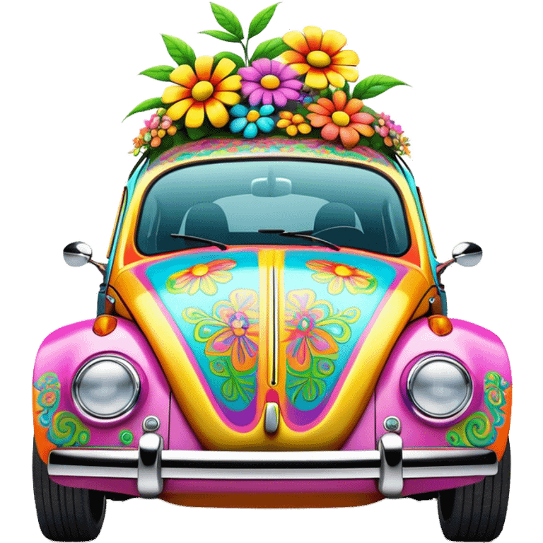 3D, psychedelic colored VW beetle with hippie style flowers emoji