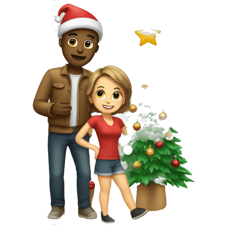 a couple decorating christmas tree  emoji