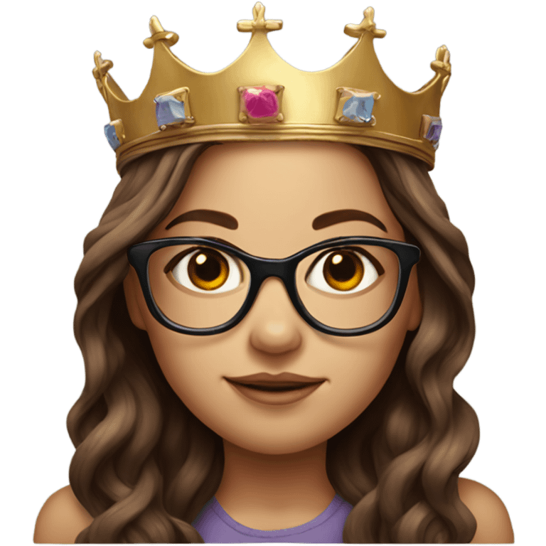 Hyperrealistic girl with brown long hair wearing a crown and glasses. And arm tattoos  emoji