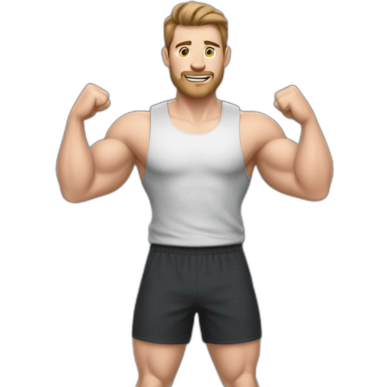 Close up Actively gesturing  with hands Pale skinned Fit Man With the biceps and brown hair in dark gray Sleeveless Mike, black oversize sports shorts, watch and white Sneakers emoji