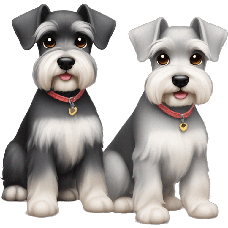 Two cute mini schnauzers and one is darker and one is lighter and fat emoji