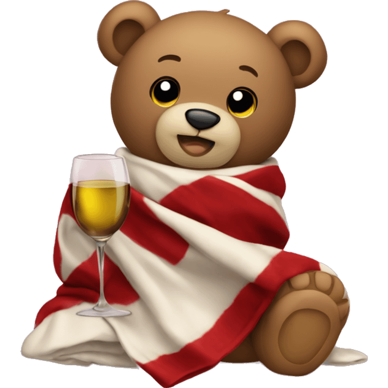 a Christmas teddy happy bear wrapped in a blanket drinks wine emoji