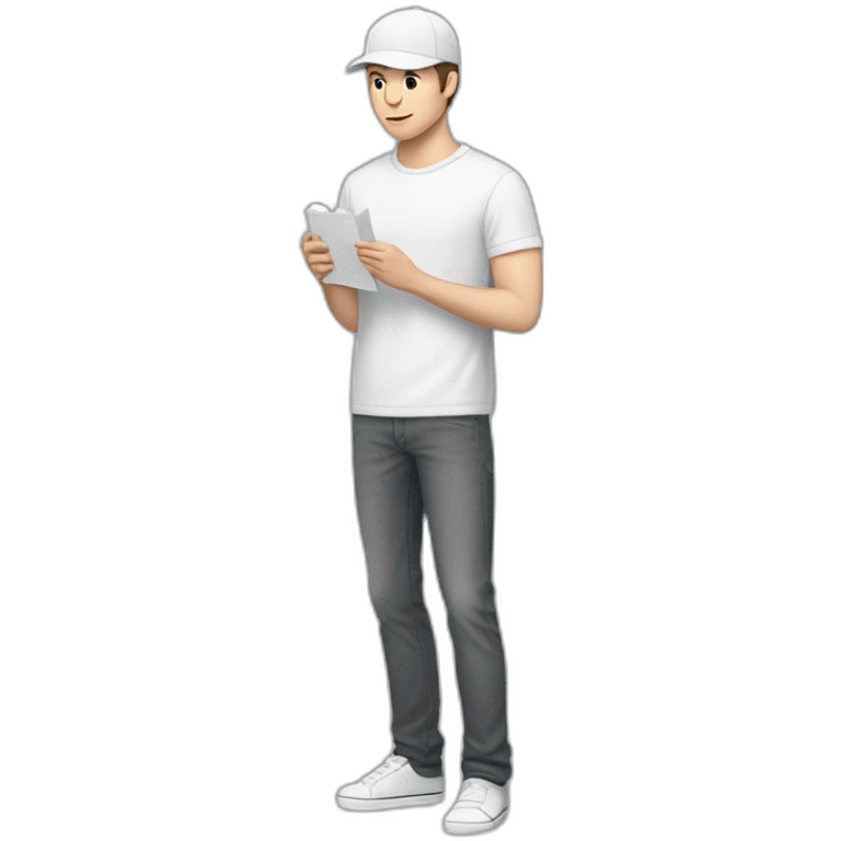 Pale skinned fit Man with dark brown hair in a light gray cap, dark brown jeans, brown polo and white T-shirt keeping a pasted with tape white box into his hands emoji