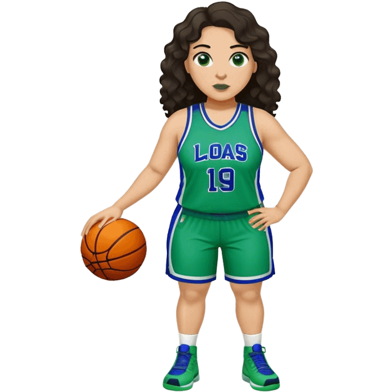 full body plus size light skin latino women basketball player with wavy dark hair large wide nose wearing blue with green uniform emoji