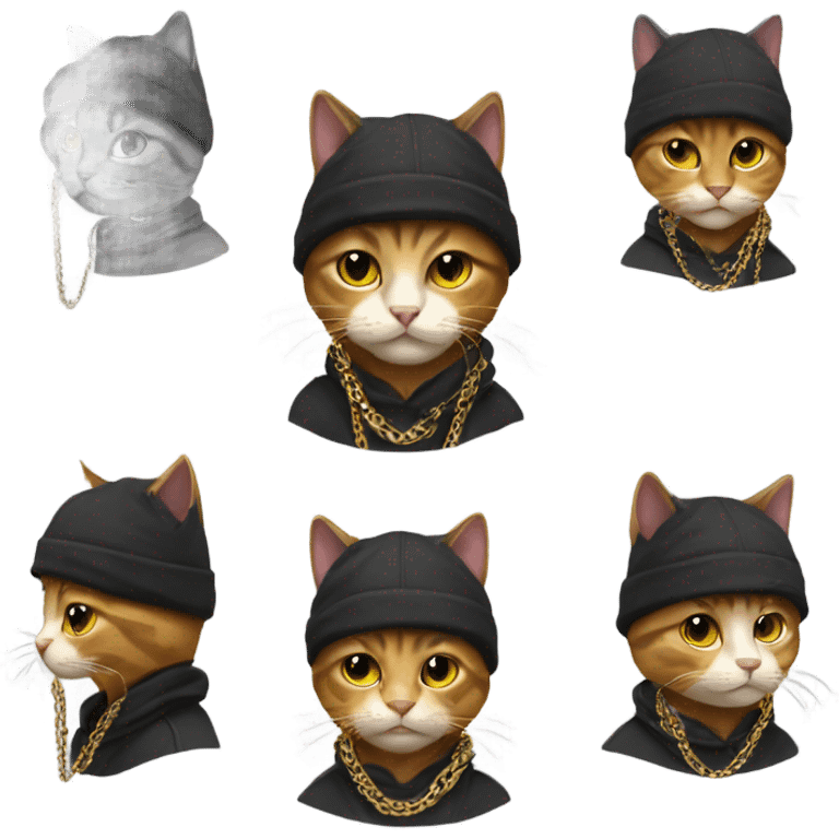 Cat wearing chain and backwards hat and hoodie emoji