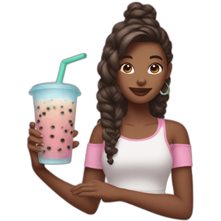 a girl holding an ipad and bubble tea emoji