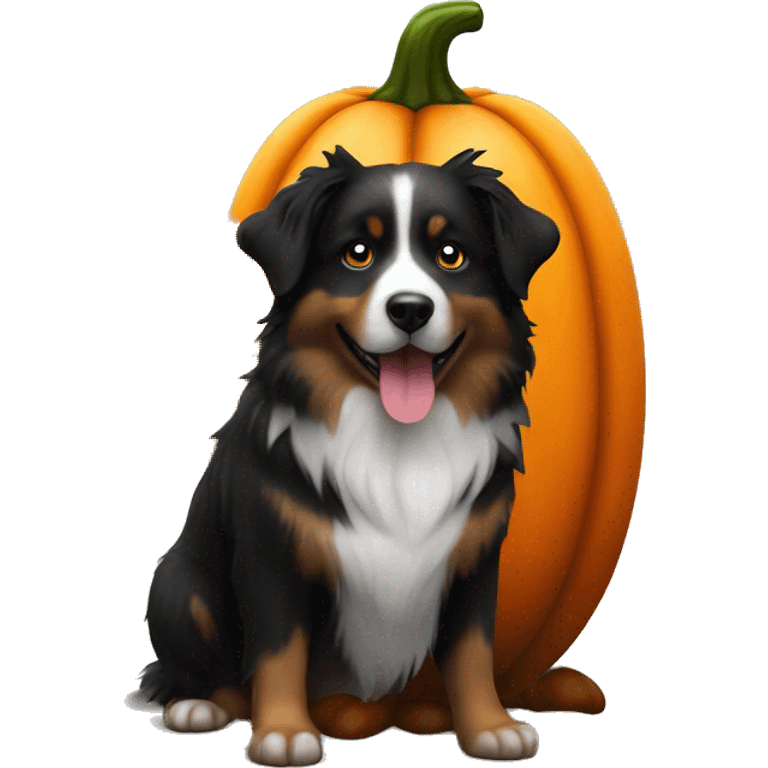 Small black australian shepherd dog in a pumpkin emoji