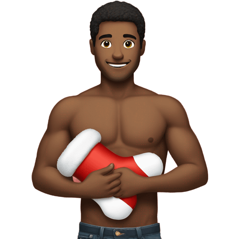 Shirtless man holding christmas stocking emoji