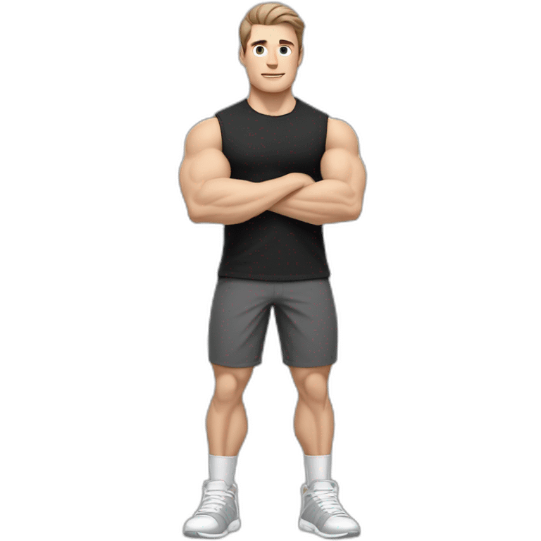 Pale skinned Fit Man With the biceps and dark brown hair in black shirt, gray sports shorts and white Sneakers emoji