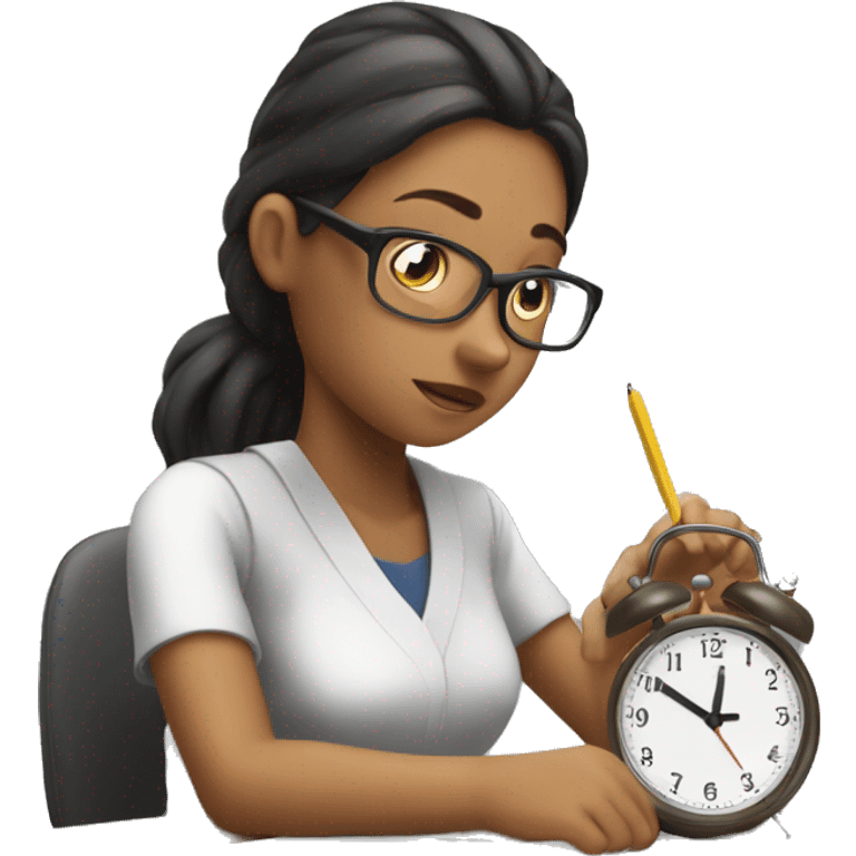 female student taking an exam with clock emoji