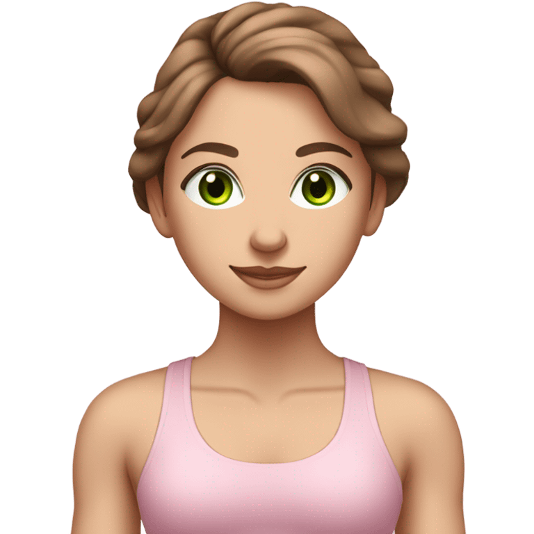 White girl with brown hair and green eyes in light pink workout set on yoga mat emoji