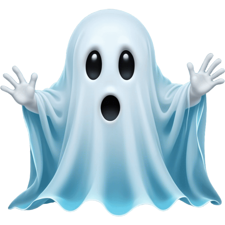 A hilariously exaggerated floating sheet ghost, its simple yet expressive form billowing with animated energy in vibrant whites and pale blues, with two wide, comically shocked eyes and a quirky, startled mouth, simplified yet overflowing with personality, highly detailed with a soft neon-like glowing outline, capturing the playful absurdity of a ghost caught off guard! emoji