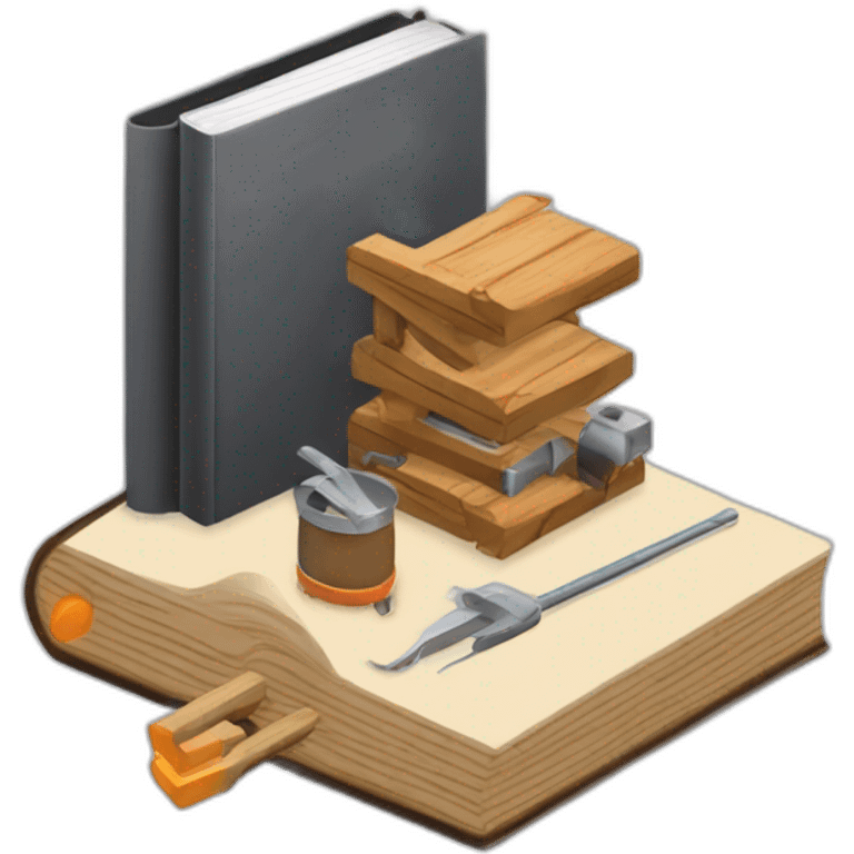 isometric thick BOOK with picture of wood, metal rods, welder, tools emoji