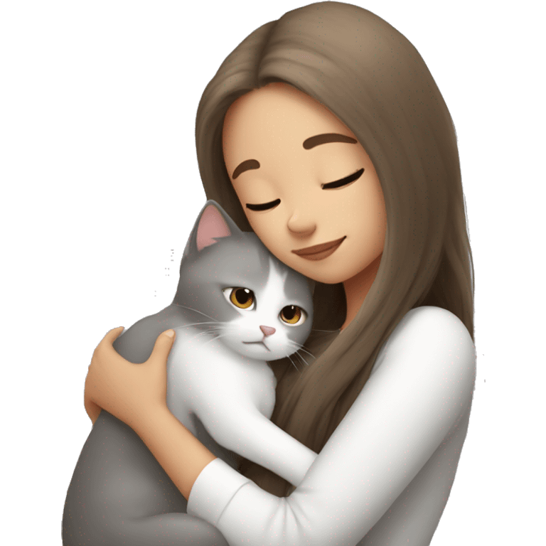 White grey cat cuddling brown long hair girl emoji