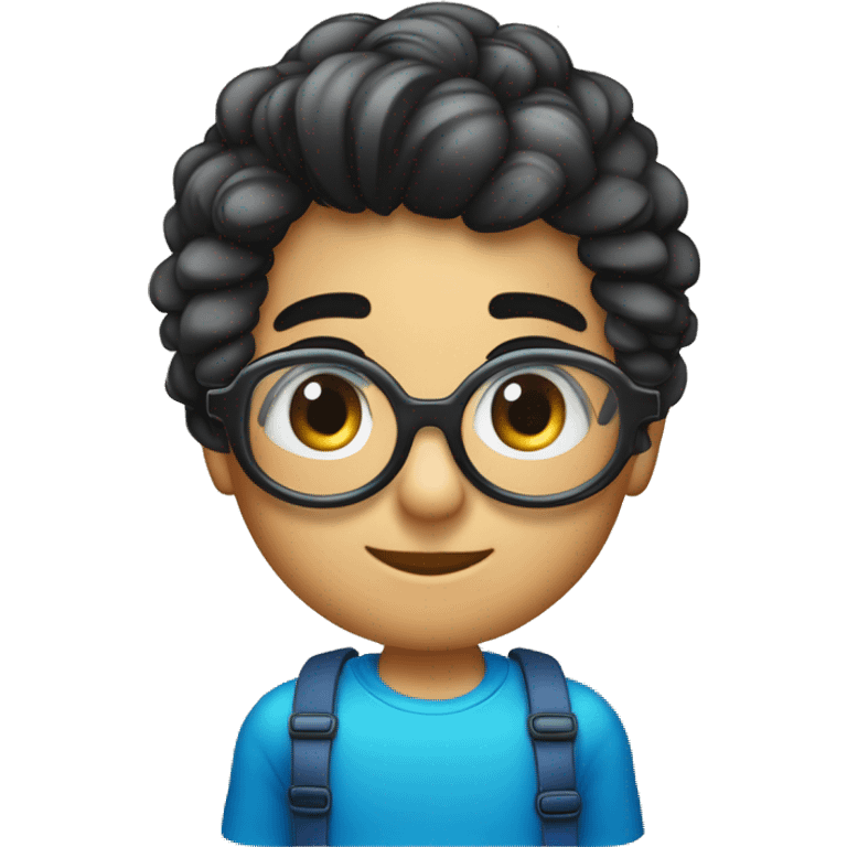 Niño 6 años pelo degradado en los lados, con flequillo recto y por detrás pelo largo negro,. Piel con tono normal, es español. Gafas Y2K (de tecno) grandes con los cristales azules. emoji