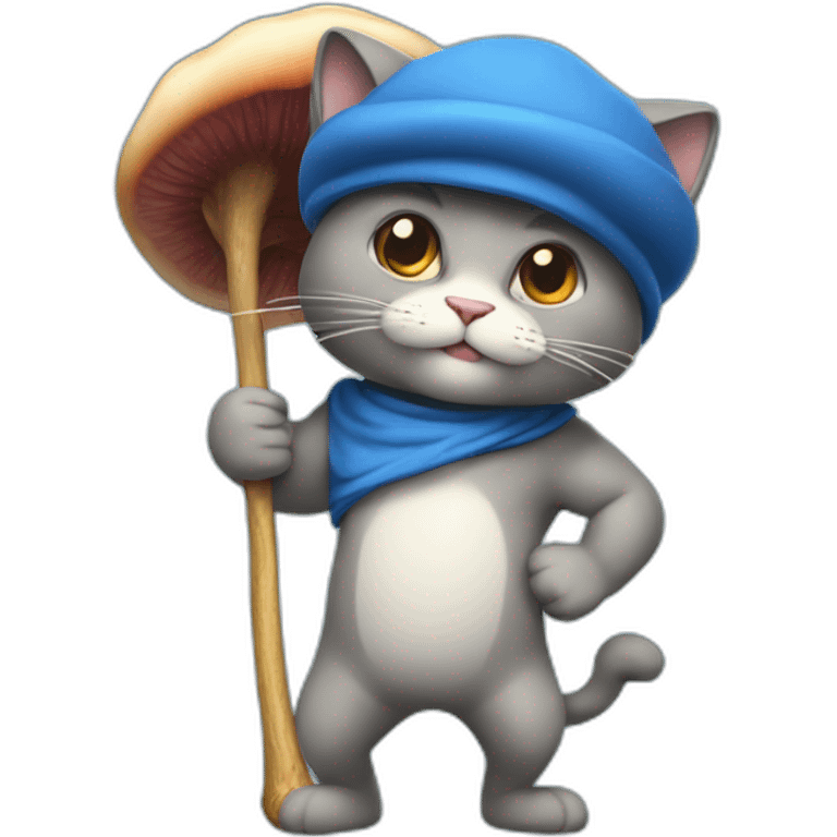 Strong muscles Blue cat NO ears  wearing a mushroom cap carrying a stick in one arm standing on two legs with pants emoji