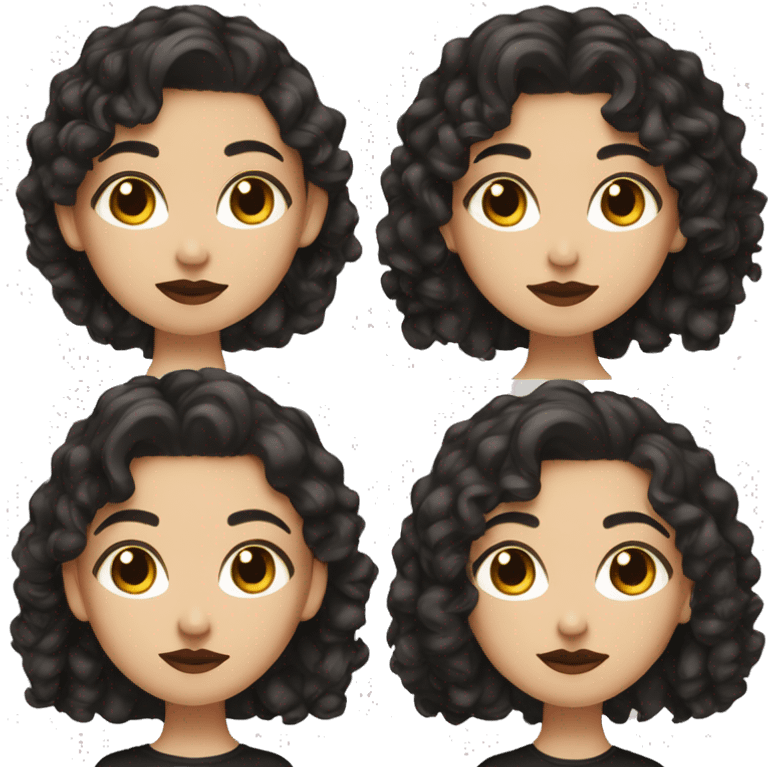 White Girl with black curly hair with brown eyes and red lips with a black top and round cheeks but a bit of a slender face emoji