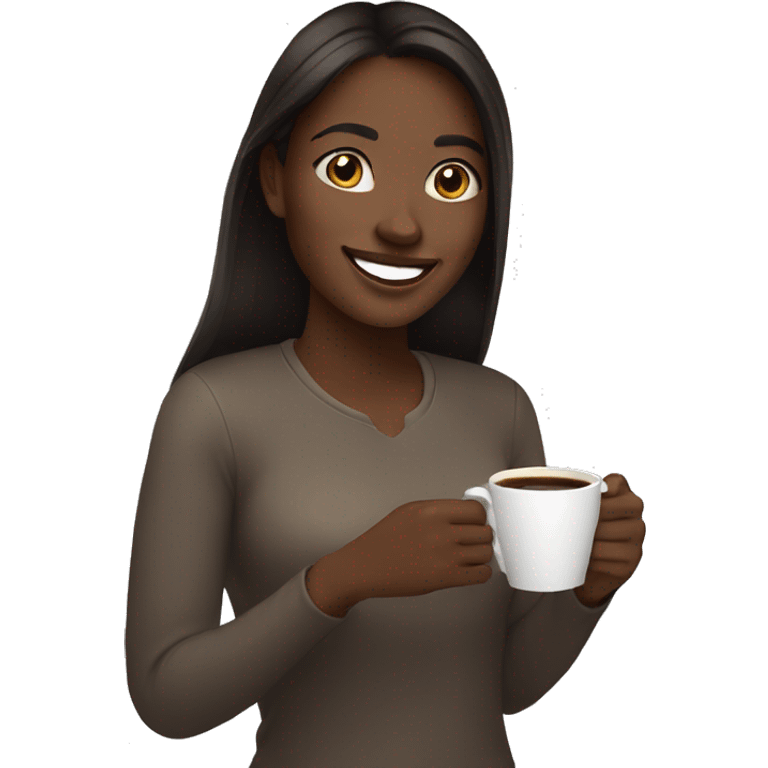 A smiling young woman with dark skin, long dark brown hair with a cup of coffee in her hand. emoji