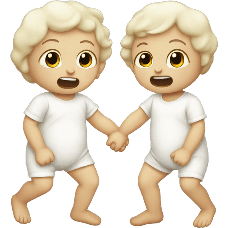 two crying white babies holding hands emoji