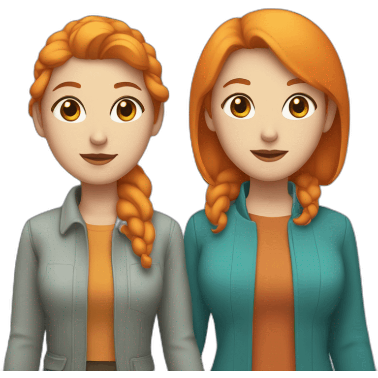 two lesbian white women holding hands, one with brown eyes and medium length orange hair, one with blue eyes and short teal hair emoji