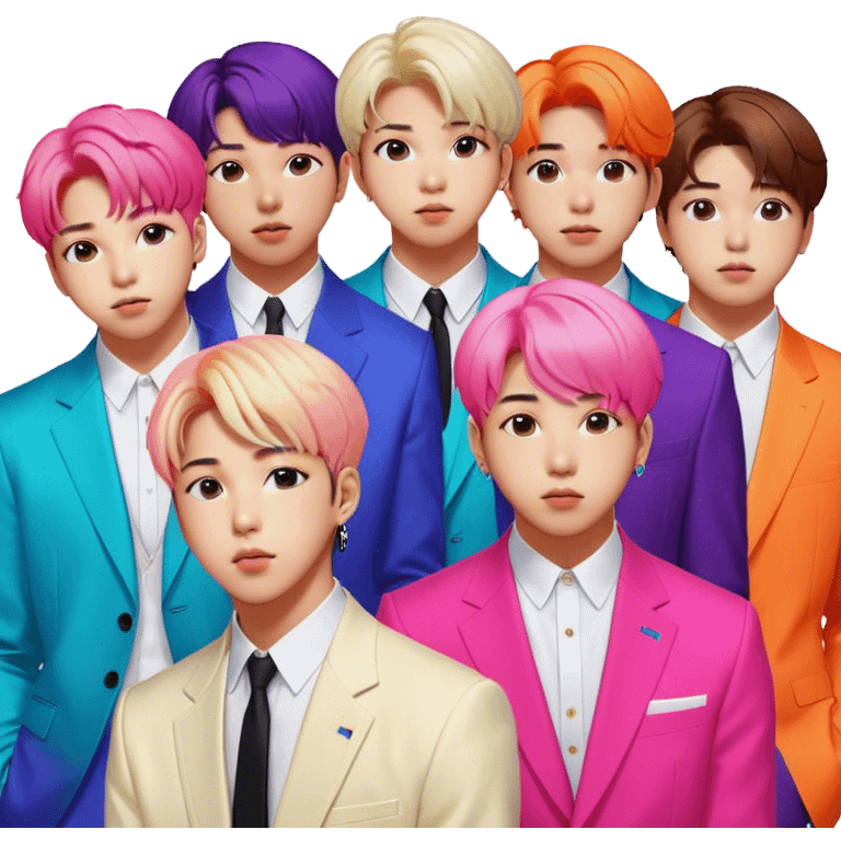 Cinematic Realistic group portrait of BTS featuring all 7 members in stylish modern attire, with detailed facial expressions and vibrant colors, captured in dynamic, contemporary lighting that emphasizes their global pop icon status emoji