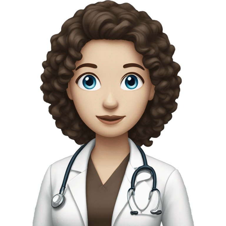 Female, blue eyes, pale skin, long dark brown curly hair Doctor emoji