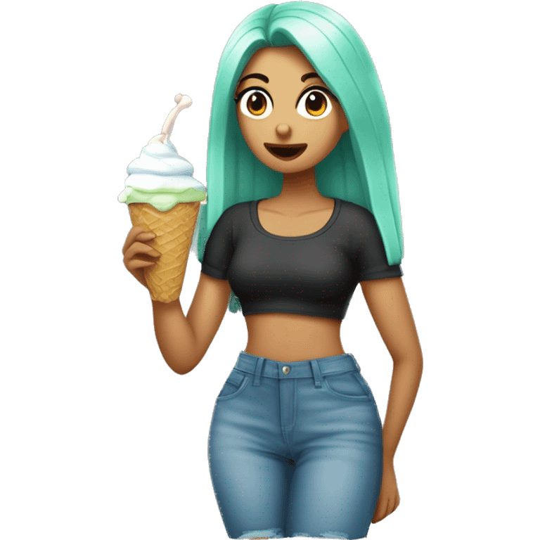 Chica comiendo helado la chica tiene camiseta verde menta y falda azul, leotardos blancos y botas negras emoji